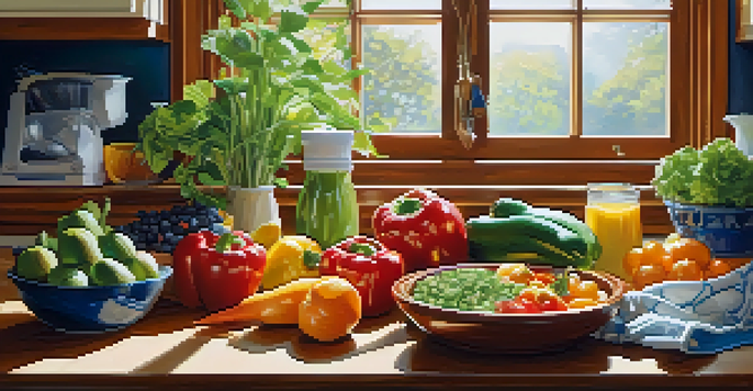 A bright kitchen with fresh fruits and vegetables on a wooden countertop, and a bowl of yogurt with granola, illuminated by sunlight.