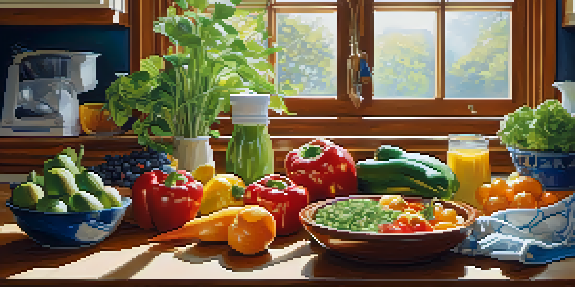 A bright kitchen with fresh fruits and vegetables on a wooden countertop, and a bowl of yogurt with granola, illuminated by sunlight.