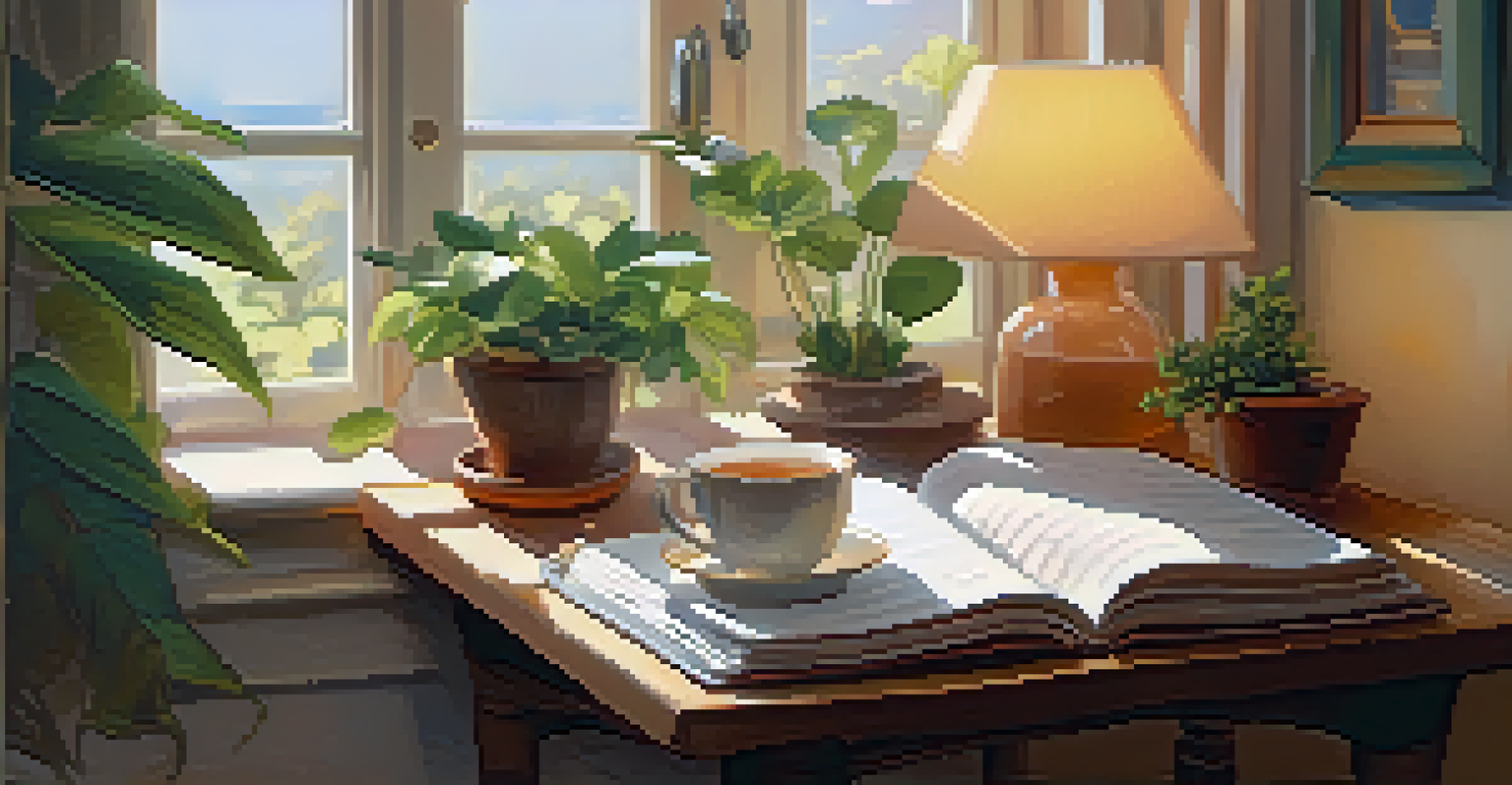 A person journaling in a cozy space with plants and a cup of tea, showcasing a relaxing and introspective moment.