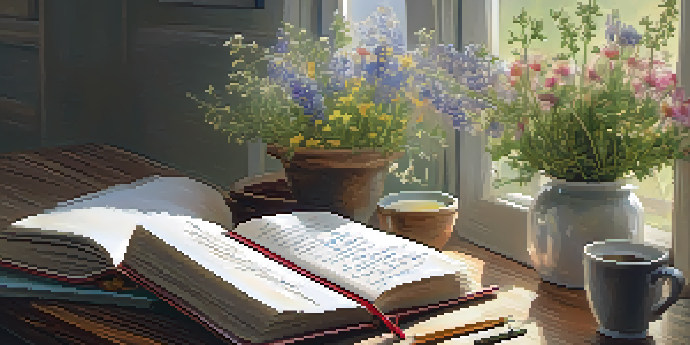 A cozy wooden table with an open gratitude journal, a steaming cup of tea, and fresh wildflowers in a vase, illuminated by soft morning light.