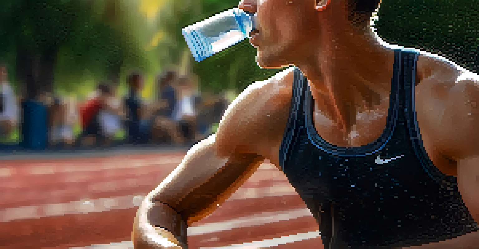 An athlete drinking water from a bottle during training, with sunlight reflecting on water droplets, and a blurred outdoor training environment in the background.