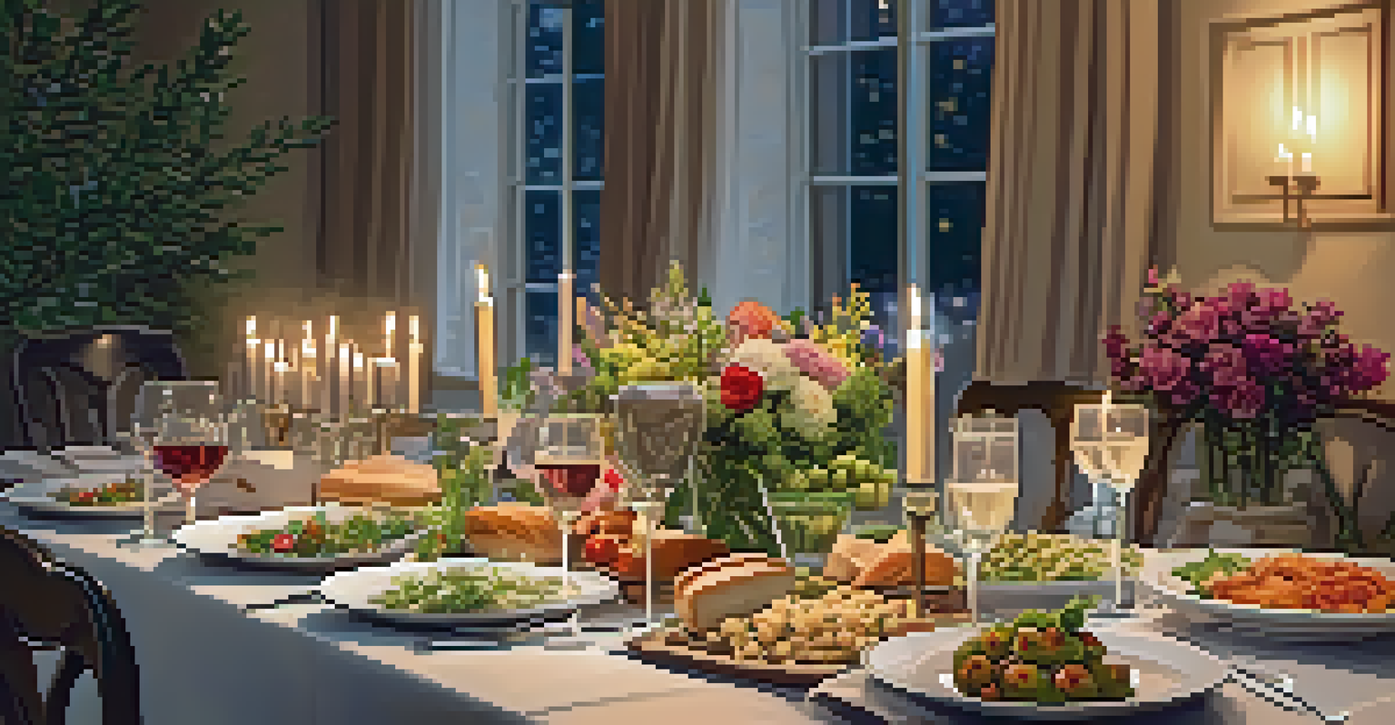 A dinner table beautifully set with homemade dishes and candles, inviting a warm atmosphere.