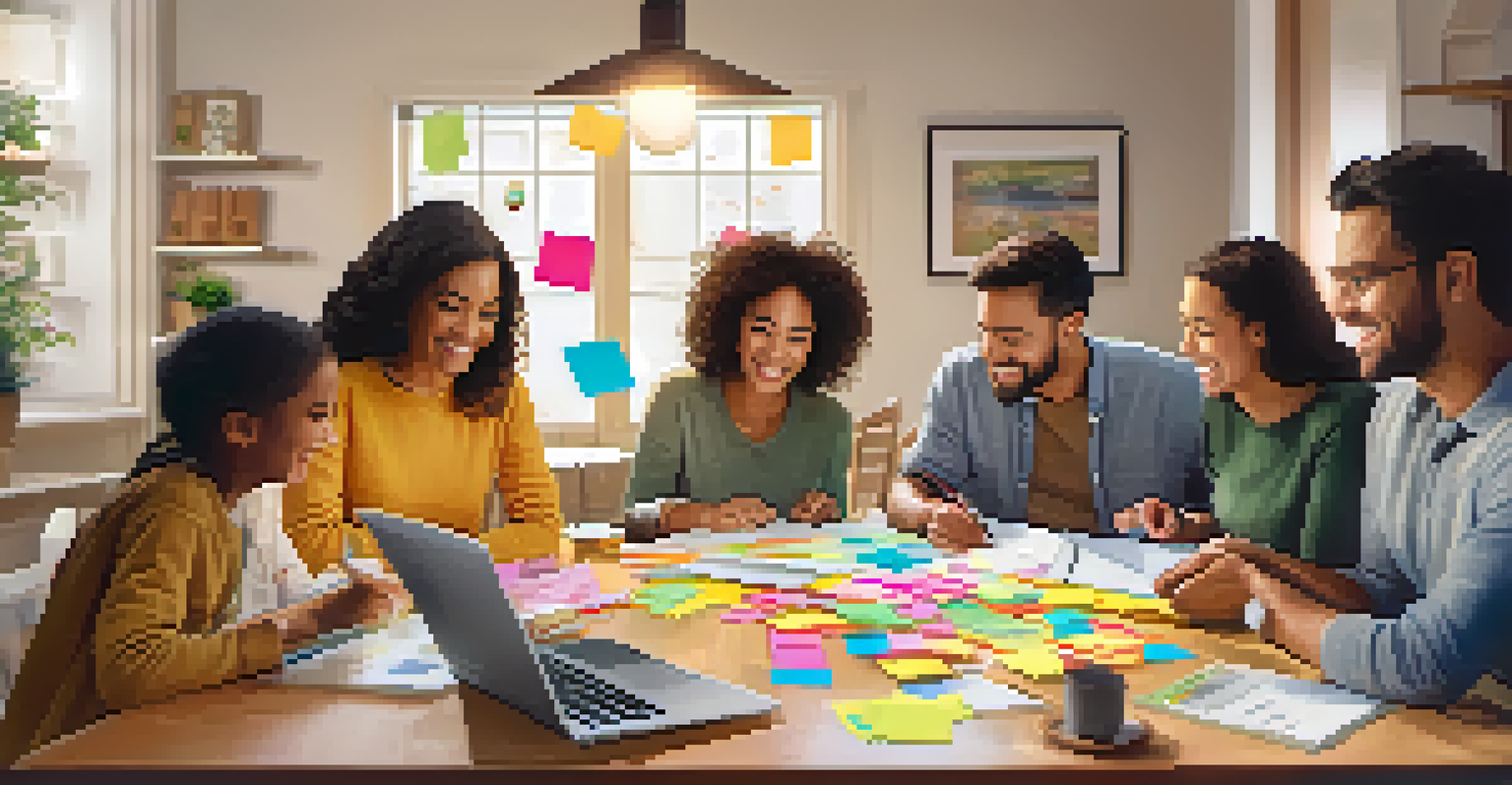 A family planning their finances together around a dining table, with charts and a laptop.