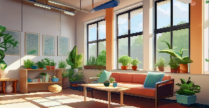 A calming mindfulness space in a school with cushions, plants, and soft lighting, creating a peaceful environment.