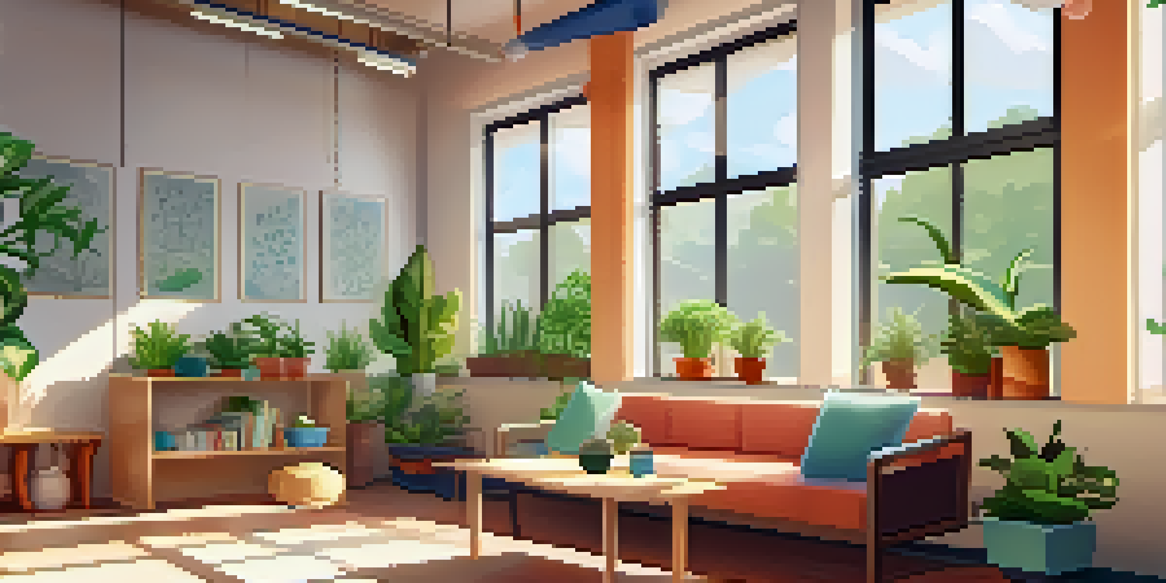 A calming mindfulness space in a school with cushions, plants, and soft lighting, creating a peaceful environment.