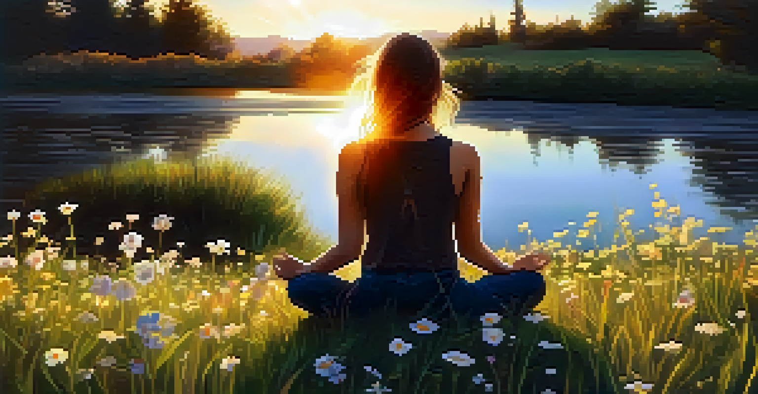 An individual practicing mindfulness outdoors, sitting in a grassy field surrounded by wildflowers during sunset.
