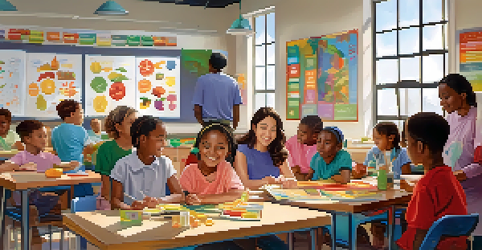 A diverse group of individuals in a classroom participating in a health education workshop, with posters on walls and sunlight coming in.