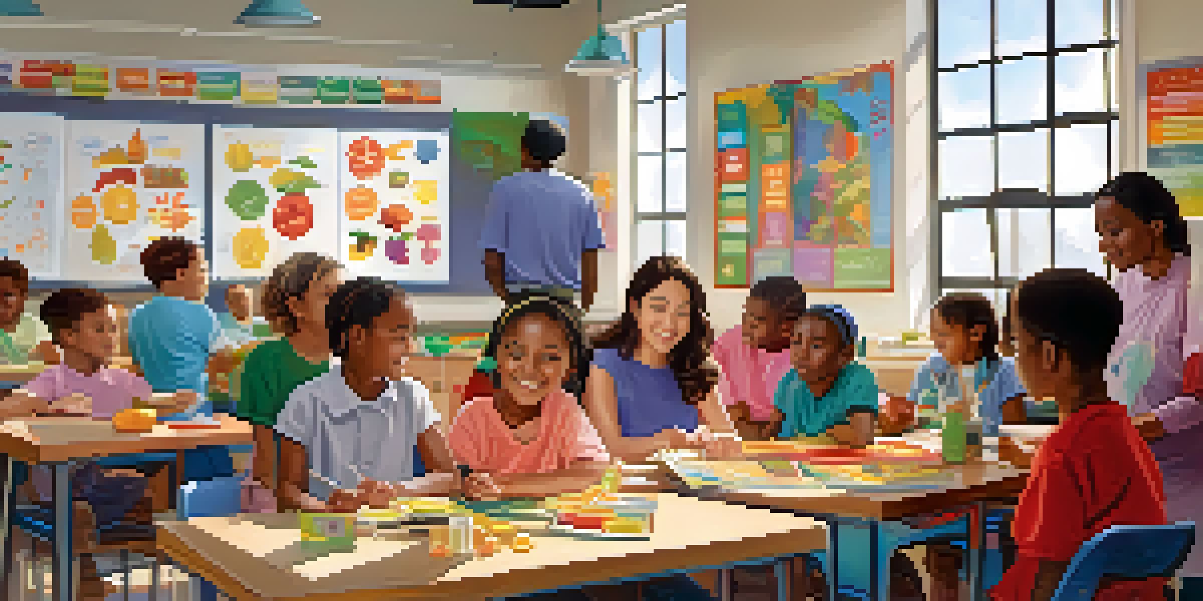 A diverse group of individuals in a classroom participating in a health education workshop, with posters on walls and sunlight coming in.