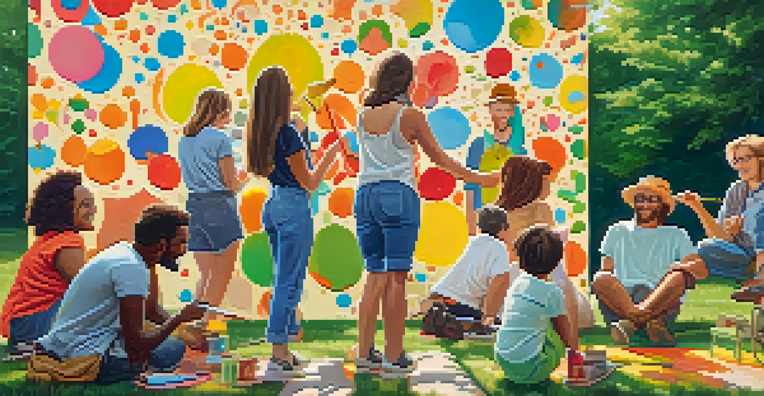 A group of friends painting a colorful mural together in a natural outdoor setting.