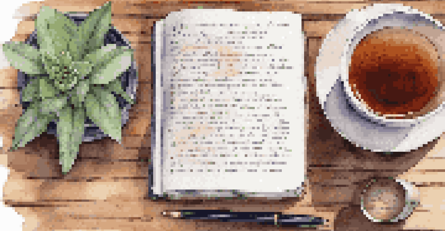 A close-up of an open journal with handwritten notes about menopause, featuring a pen, a cup of herbal tea, and a small plant nearby.