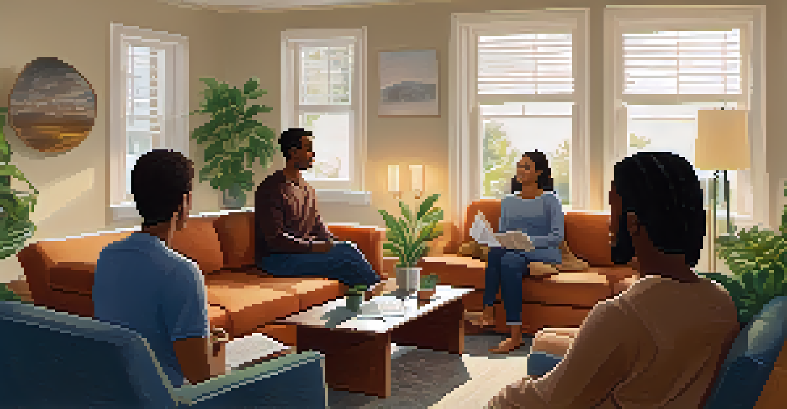 A warm and inviting support group meeting, with individuals seated in a circle sharing their experiences in a cozy room filled with plants and soft lighting.
