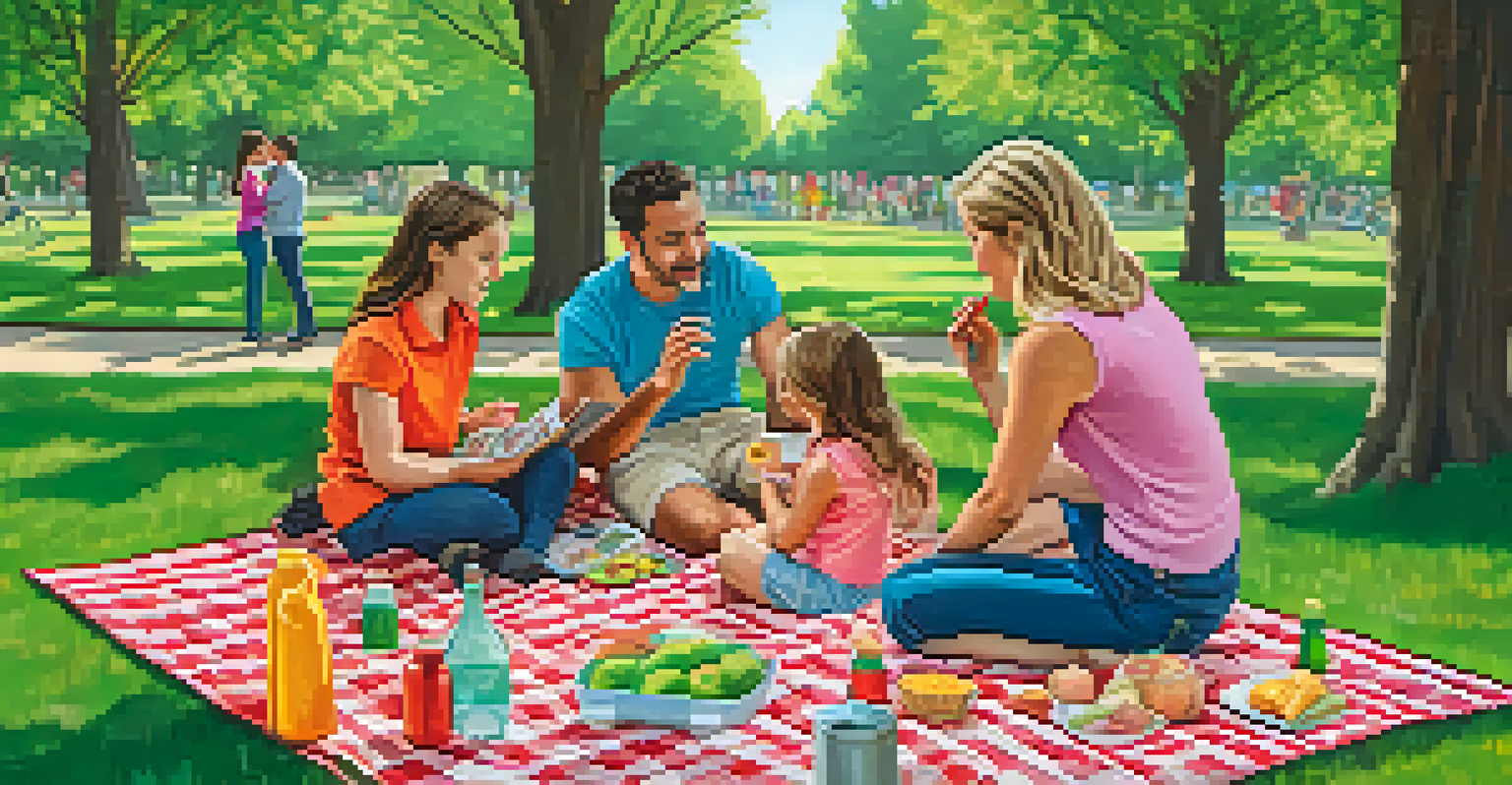 A family discussing health histories on a picnic blanket in a sunny park, surrounded by colorful picnic items.