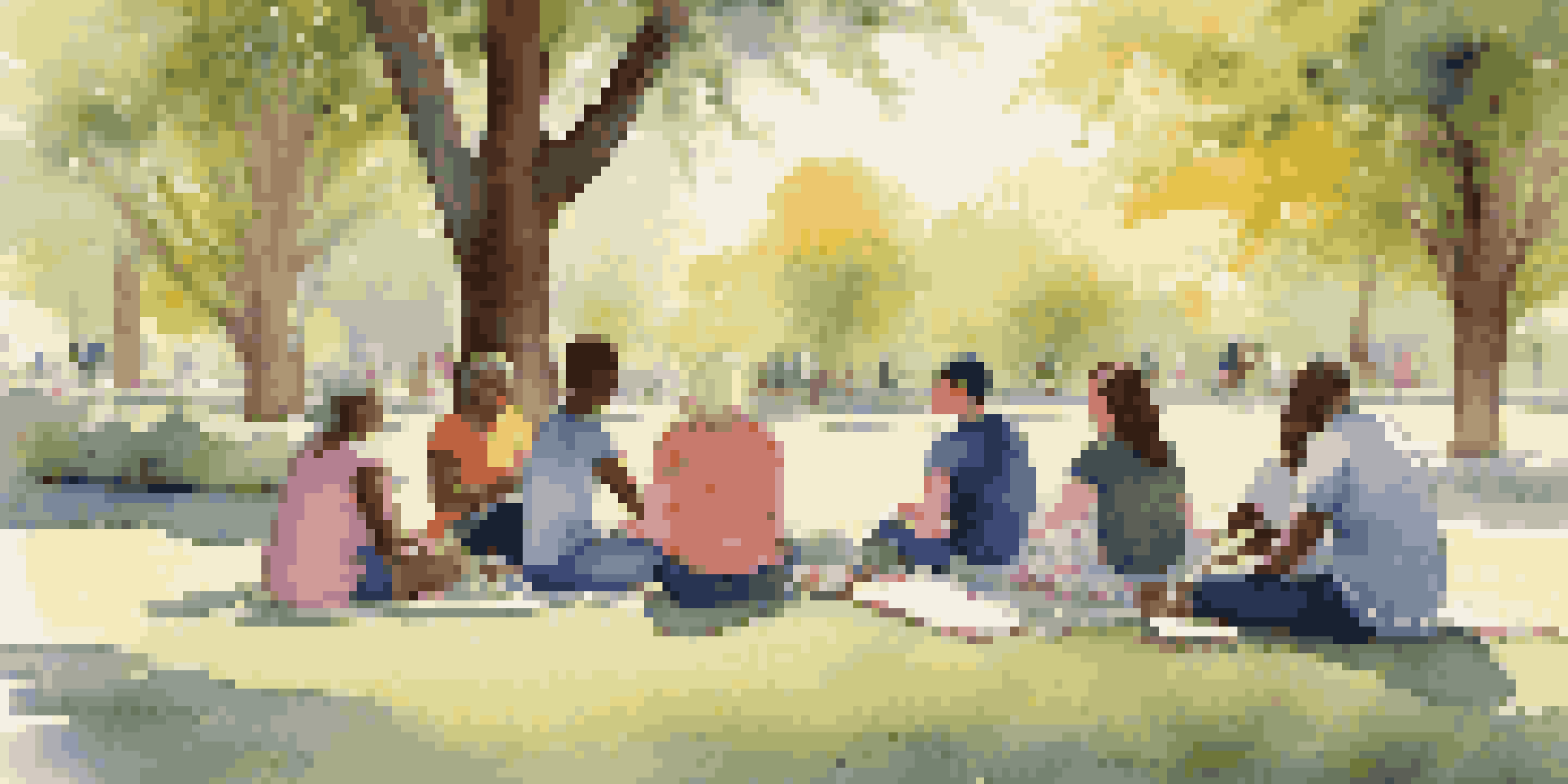 A diverse group of individuals in a circle at a sunlit park, sharing stories about chronic pain, surrounded by blooming flowers and trees.