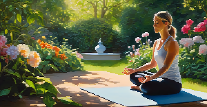 A person meditating in a peaceful garden filled with greenery and colorful flowers, sunlight streaming through the foliage.