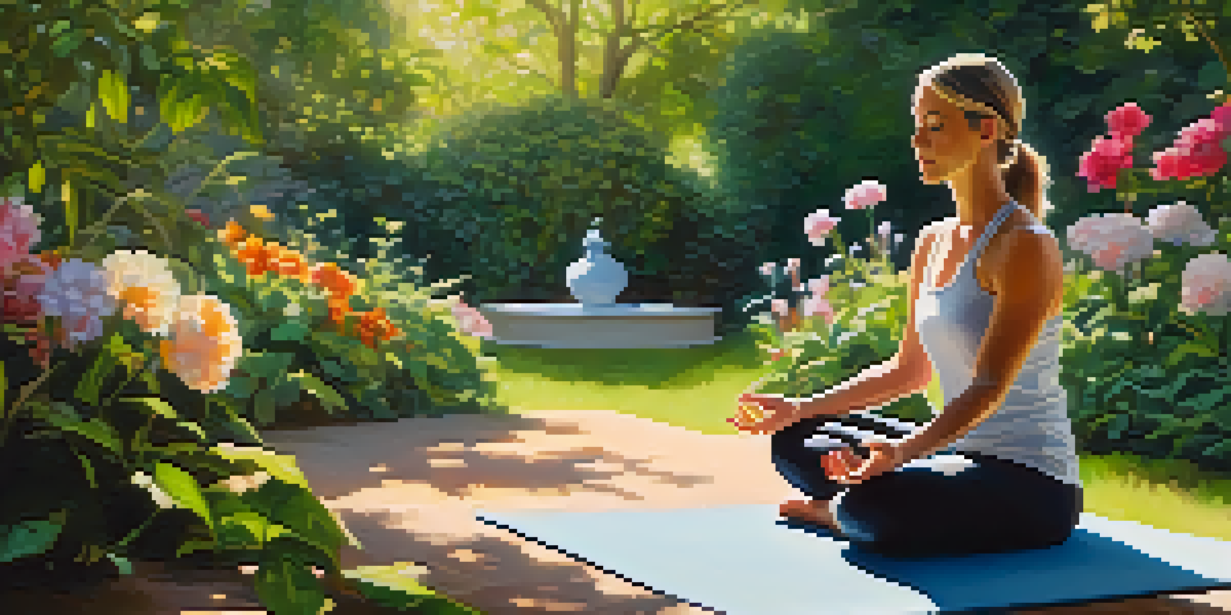 A person meditating in a peaceful garden filled with greenery and colorful flowers, sunlight streaming through the foliage.