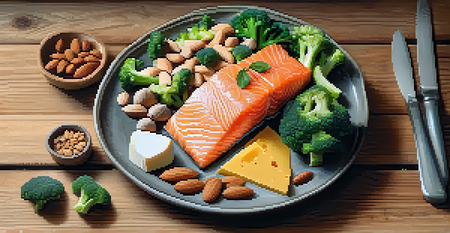 A close-up of a plate with salmon, broccoli, almonds, and cheese, highlighting nutritious foods for bone health.