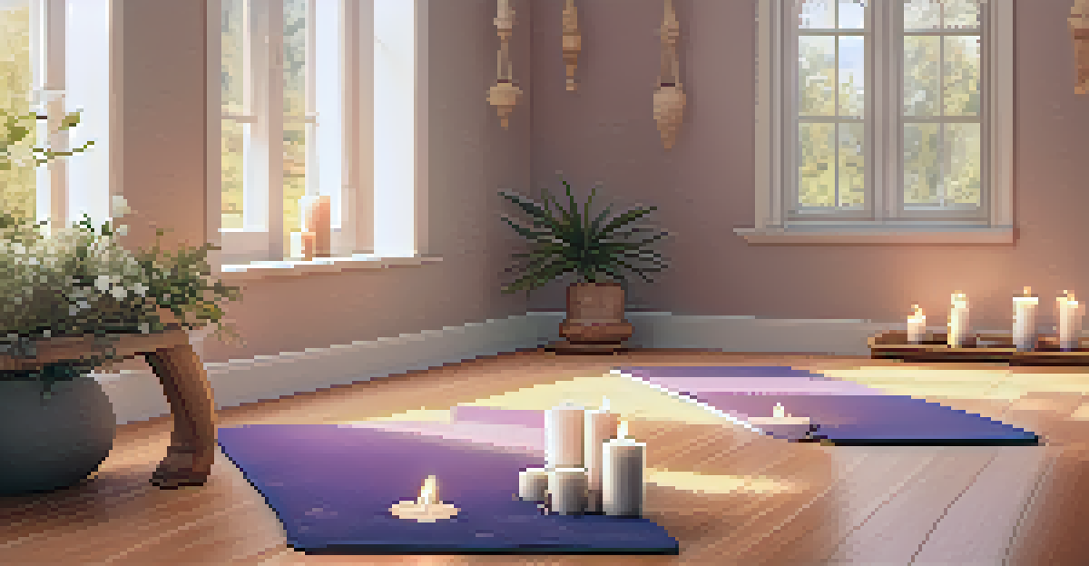 A serene meditation space with a yoga mat, candles, crystals, and a small altar, all bathed in warm, soft lighting.