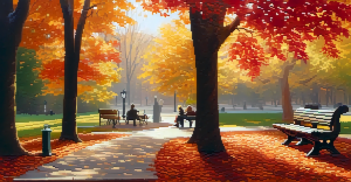 A peaceful park in autumn with colorful leaves, a winding path, and a couple sitting on a bench, talking softly in the sunlight.