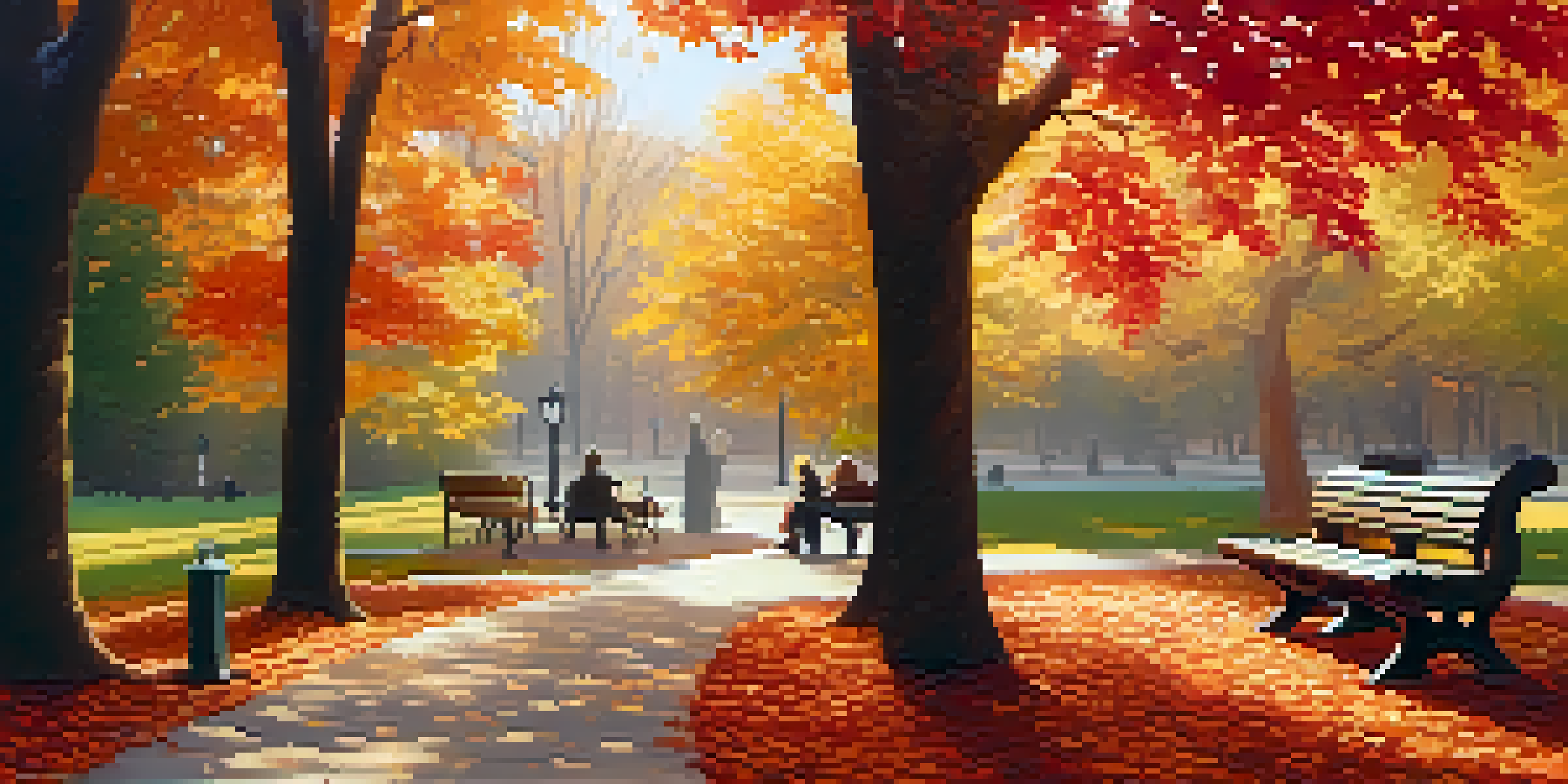 A peaceful park in autumn with colorful leaves, a winding path, and a couple sitting on a bench, talking softly in the sunlight.