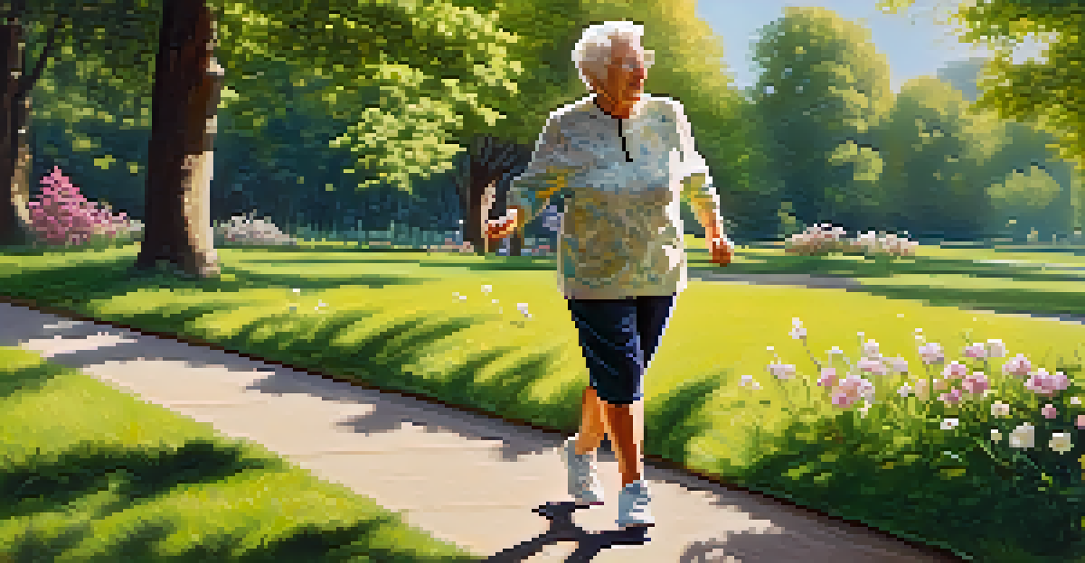 An elderly individual exercising outdoors in a sunny park, surrounded by flowers and grass, representing the link between Vitamin D and cognitive health.