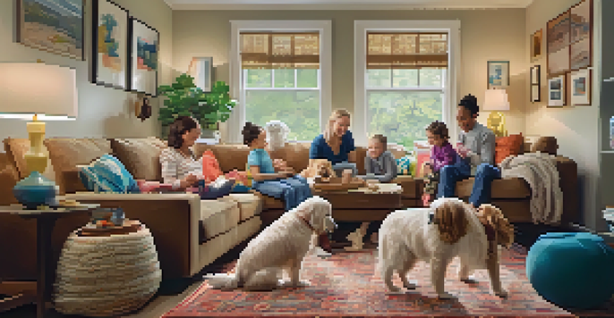 A family of four in a cozy living room, caring for their dog together, with warm lighting and family photos around.