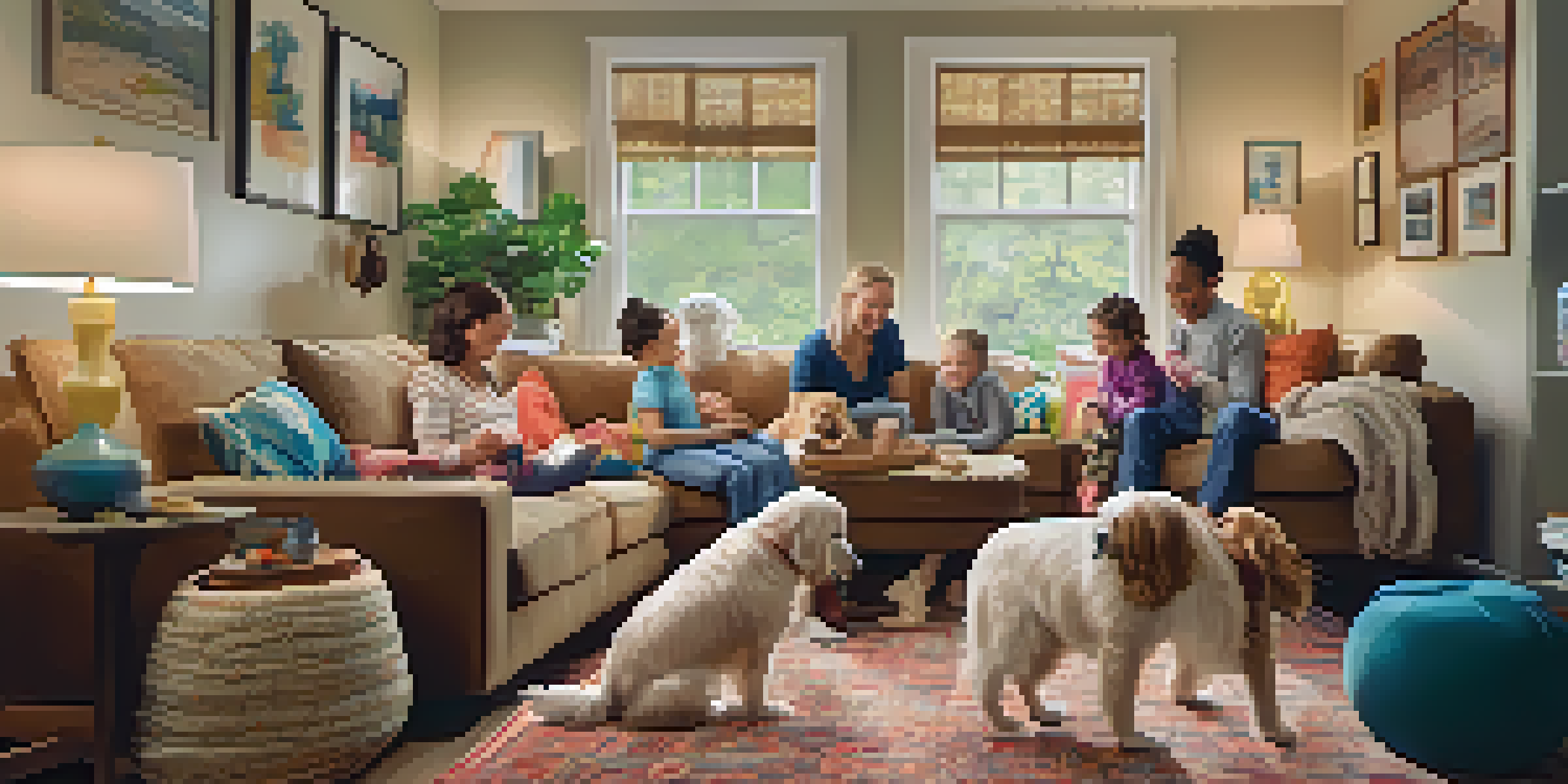 A family of four in a cozy living room, caring for their dog together, with warm lighting and family photos around.