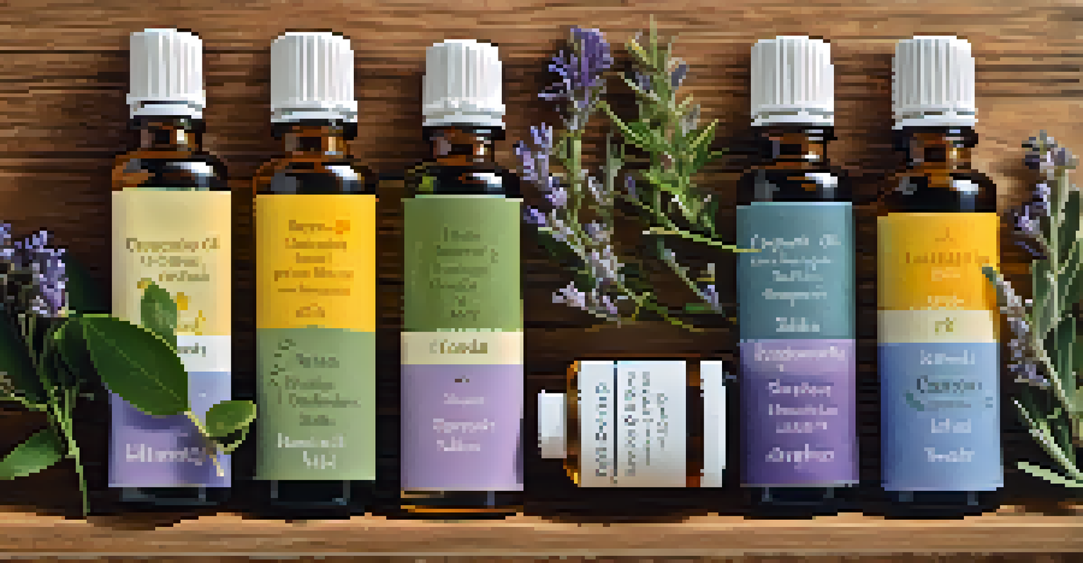 A close-up of essential oil bottles on a wooden surface, surrounded by herbs.