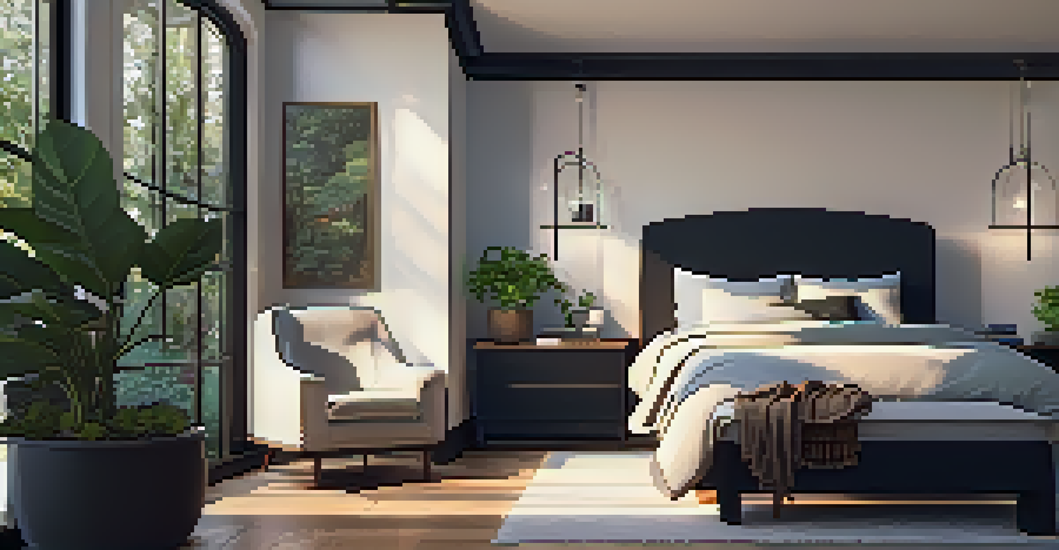 A cozy bedroom scene with dark linens, soft lighting, and a person reading a book in a chair, promoting a calming bedtime environment.