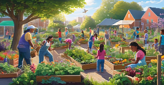 A diverse group of people working in a sunny community garden, planting flowers and vegetables together.