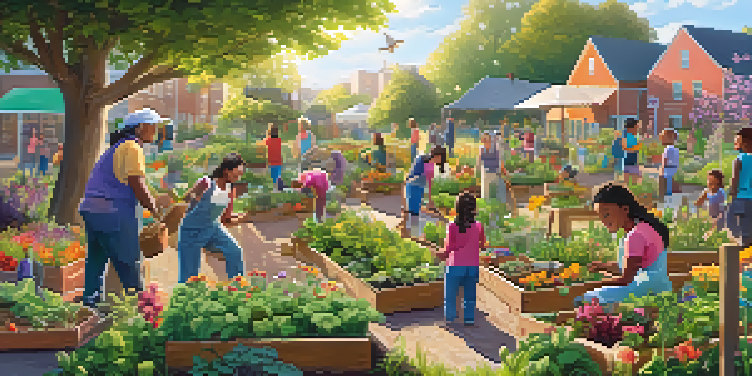 A diverse group of people working in a sunny community garden, planting flowers and vegetables together.