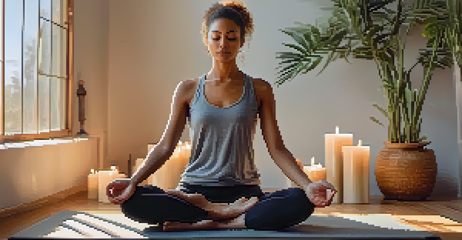 A person sitting cross-legged in a sunlit room, practicing mindfulness with a calm expression, surrounded by candles.