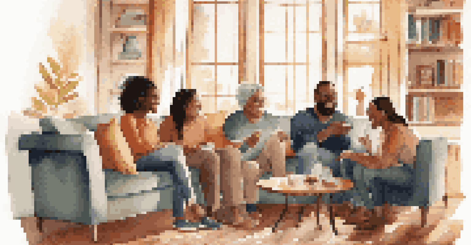 A group of friends in a cozy living room, sharing uplifting conversations and supporting one another.