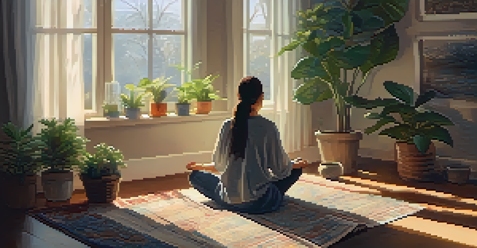 A person meditating in a cozy room with warm light, surrounded by plants and a journal, symbolizing inner peace and reflection.