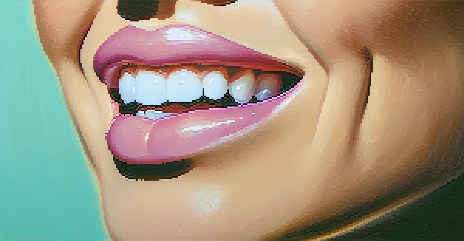 A close-up view of a healthy mouth showing white teeth and pink gums under soft lighting.