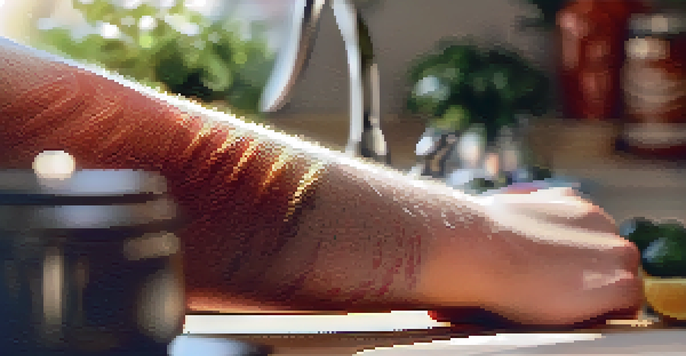 Close-up of a person's arm showing a reddish skin rash in a warm kitchen setting.