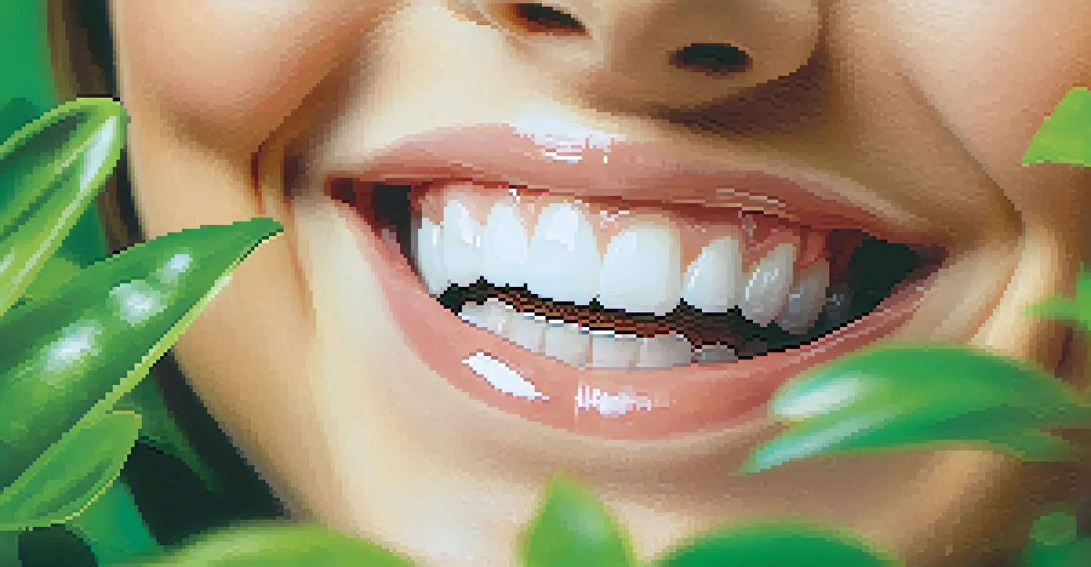 A close-up of a person smiling with bright, healthy teeth against a lush green background, representing the importance of oral health.