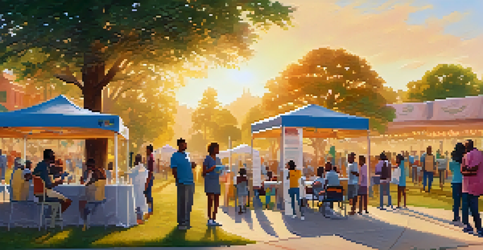 A community park filled with diverse individuals participating in a vaccination drive during sunset, with healthcare professionals and colorful banners.