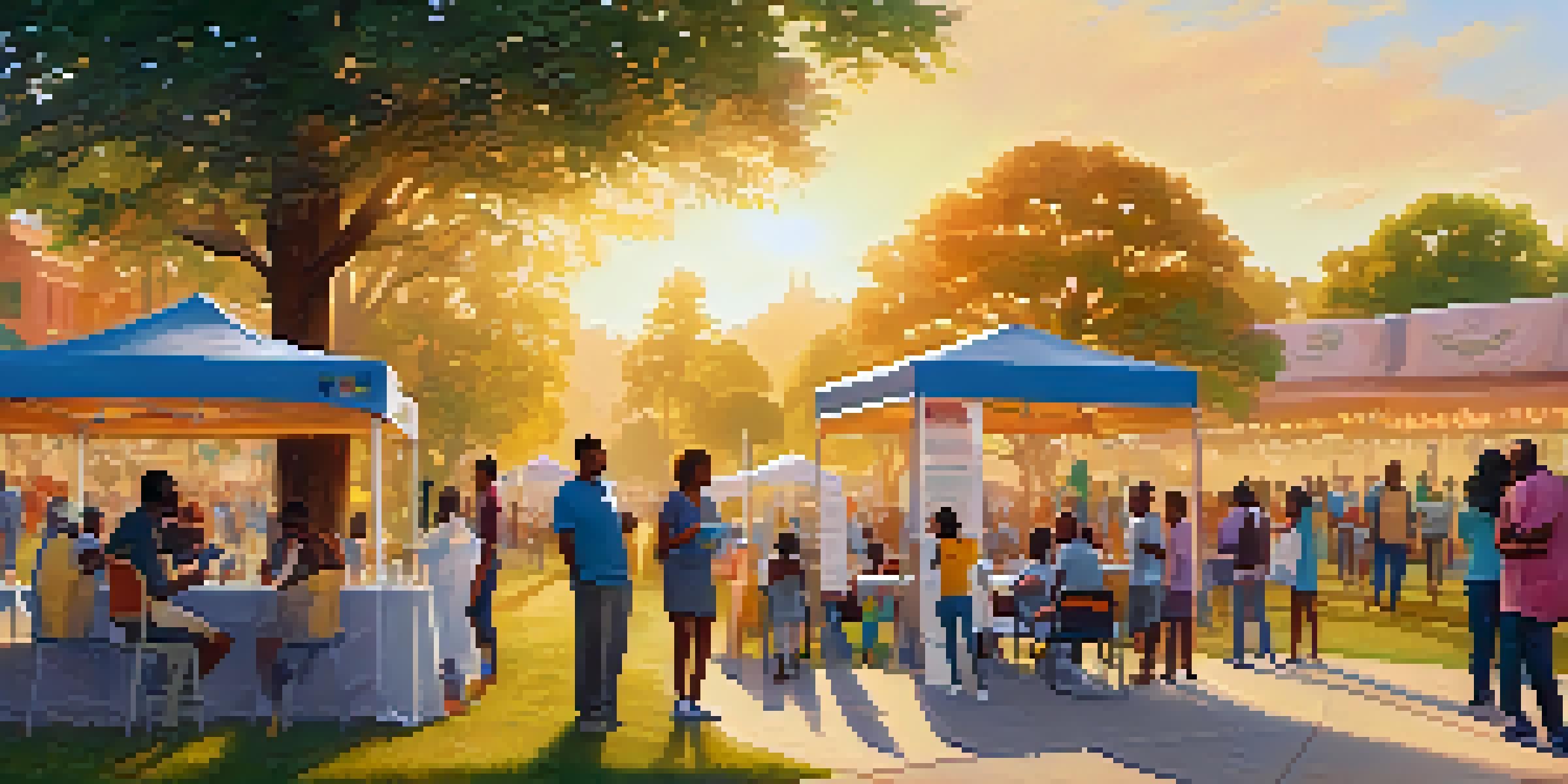 A community park filled with diverse individuals participating in a vaccination drive during sunset, with healthcare professionals and colorful banners.