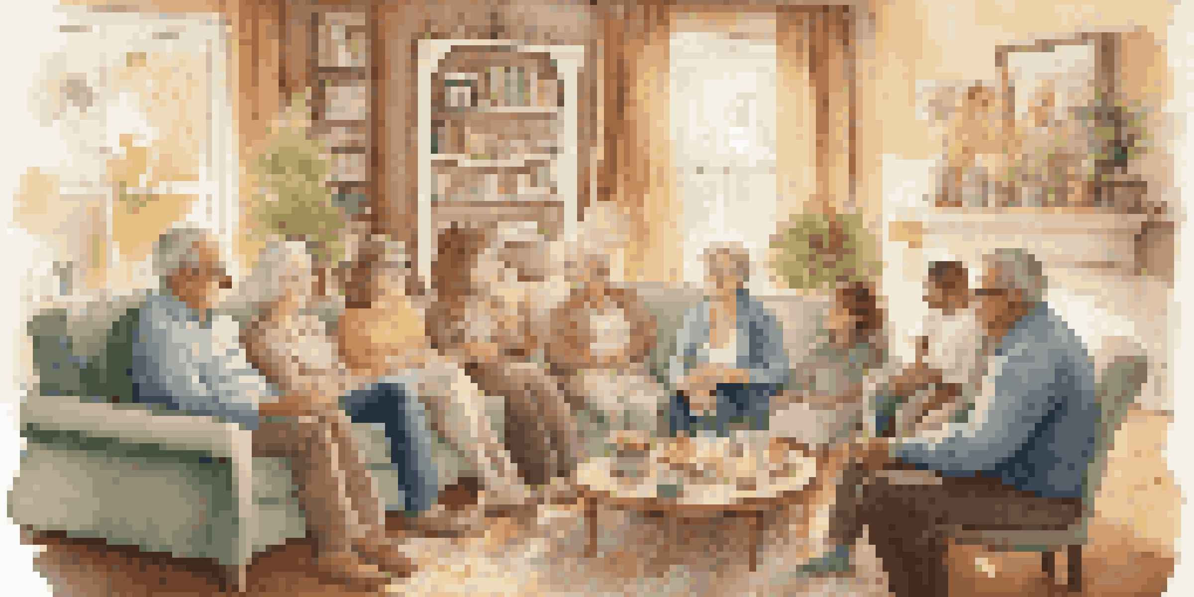 A warm family gathering with multiple generations discussing health history in a cozy living room.