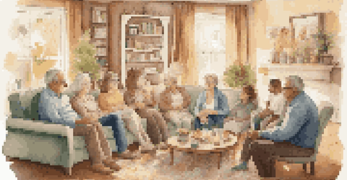 A warm family gathering with multiple generations discussing health history in a cozy living room.