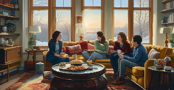 A cozy living room filled with friends enjoying tea and snacks, surrounded by warm lighting and a snowy view outside.