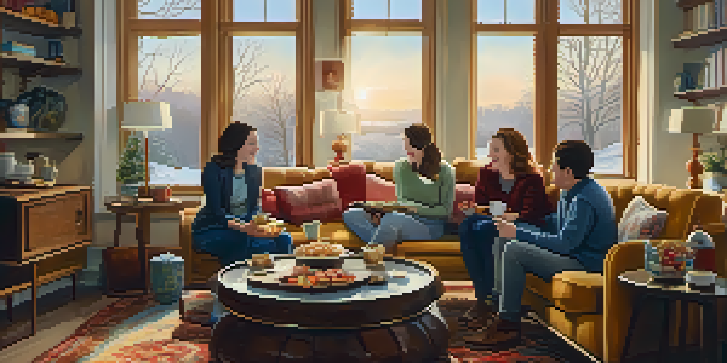 A cozy living room filled with friends enjoying tea and snacks, surrounded by warm lighting and a snowy view outside.