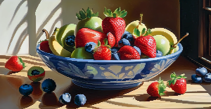 A colorful fruit bowl with strawberries, blueberries, bananas, and kiwis on a wooden table, illuminated by soft natural light.