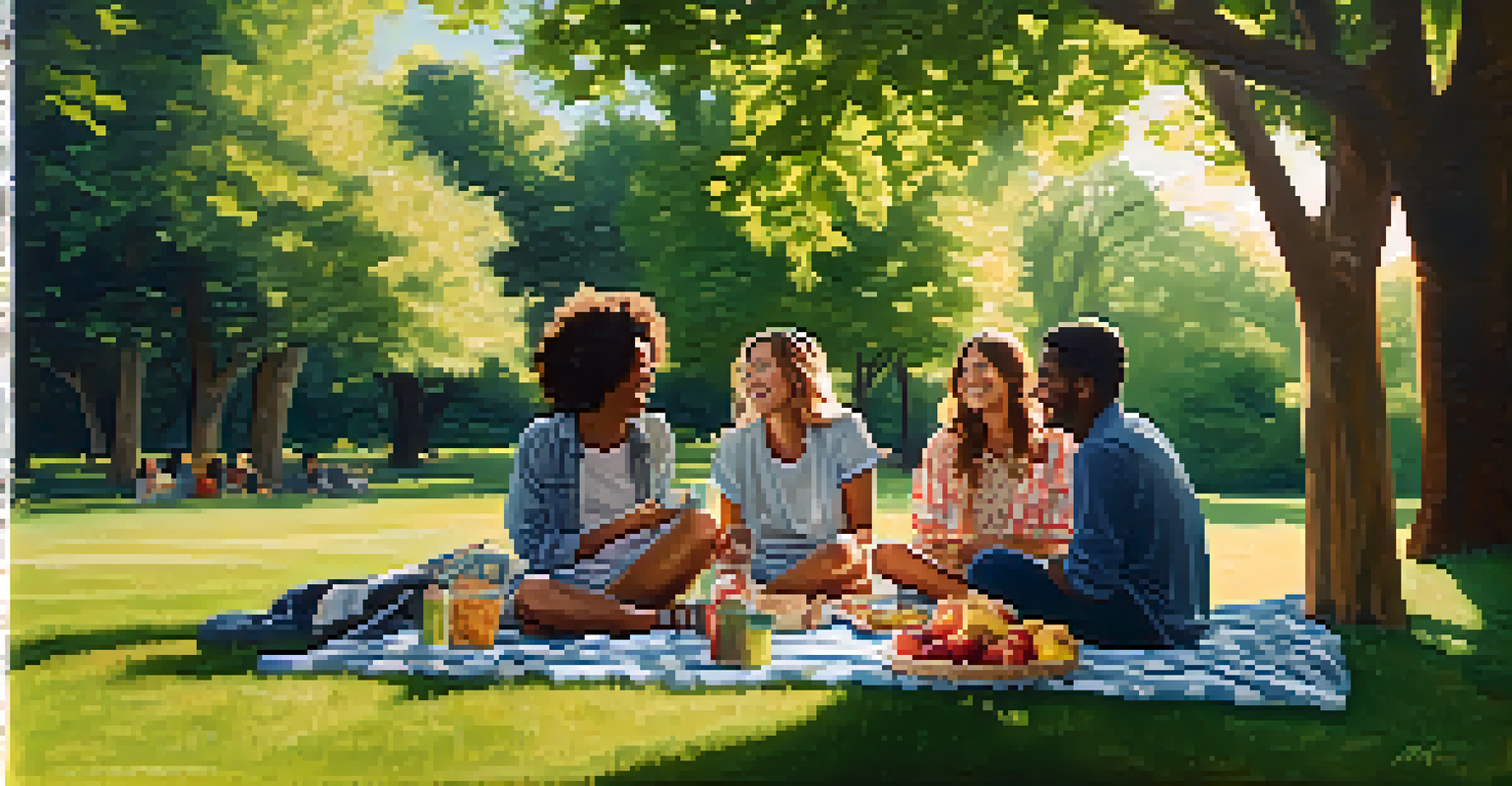 A group of friends having a joyful picnic in a green park, surrounded by healthy snacks and sunlight filtering through trees.