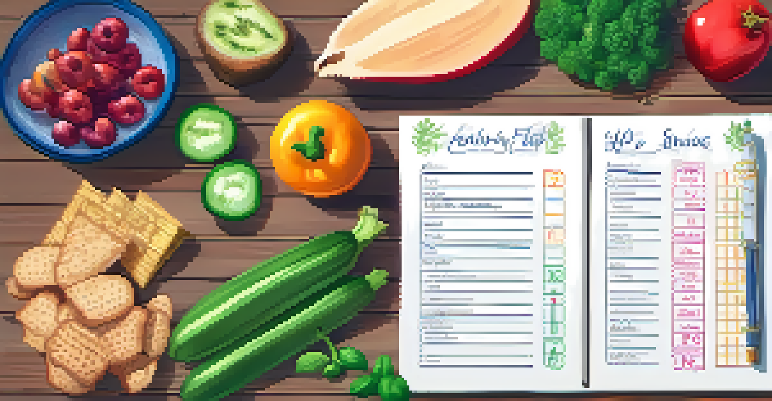 An overhead view of a grocery list surrounded by fresh produce and healthy snacks on a wooden table.