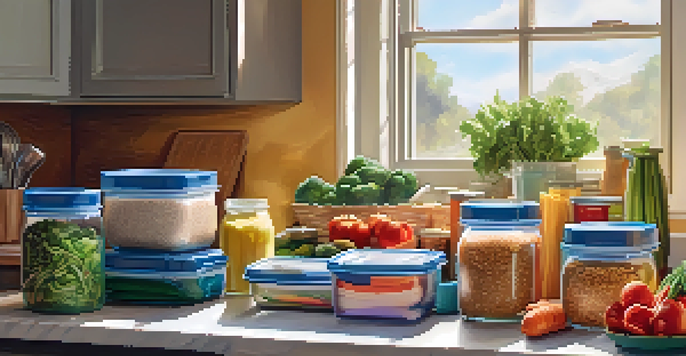 A lively kitchen with a family preparing meal preps, filled with colorful containers and fresh ingredients.