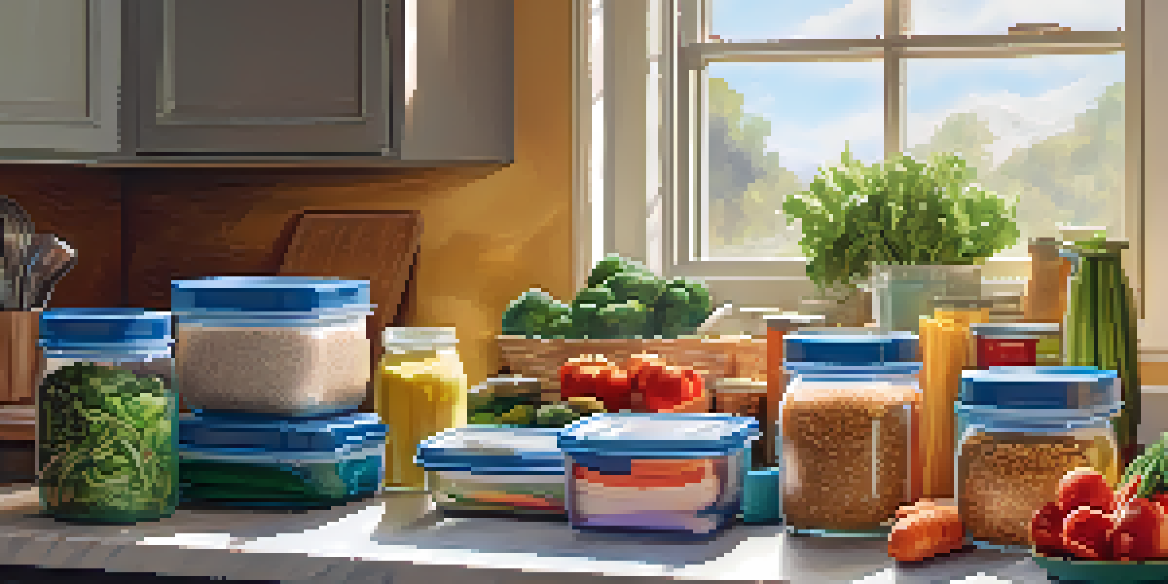 A lively kitchen with a family preparing meal preps, filled with colorful containers and fresh ingredients.