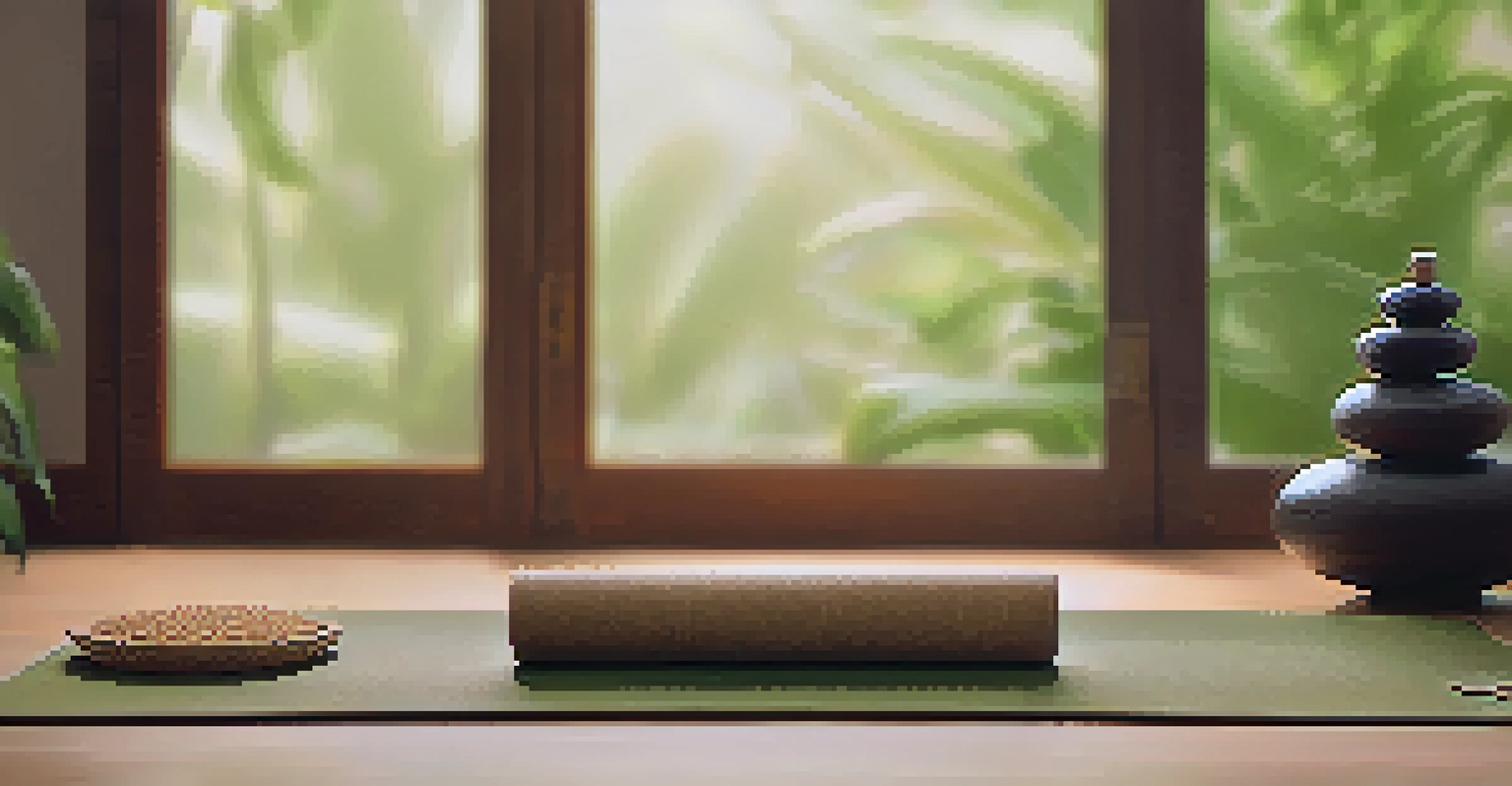 A close-up of eco-friendly meditation accessories on a wooden table, including a cork yoga mat and a buckwheat hull cushion, set in a peaceful environment.