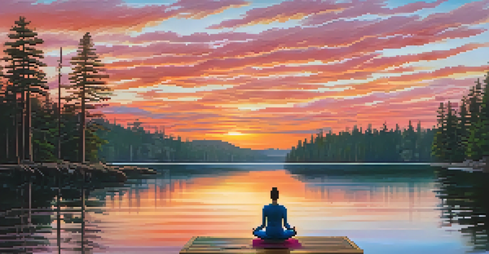 A person practicing yoga on a dock by a calm lake at sunrise, surrounded by tall pine trees.