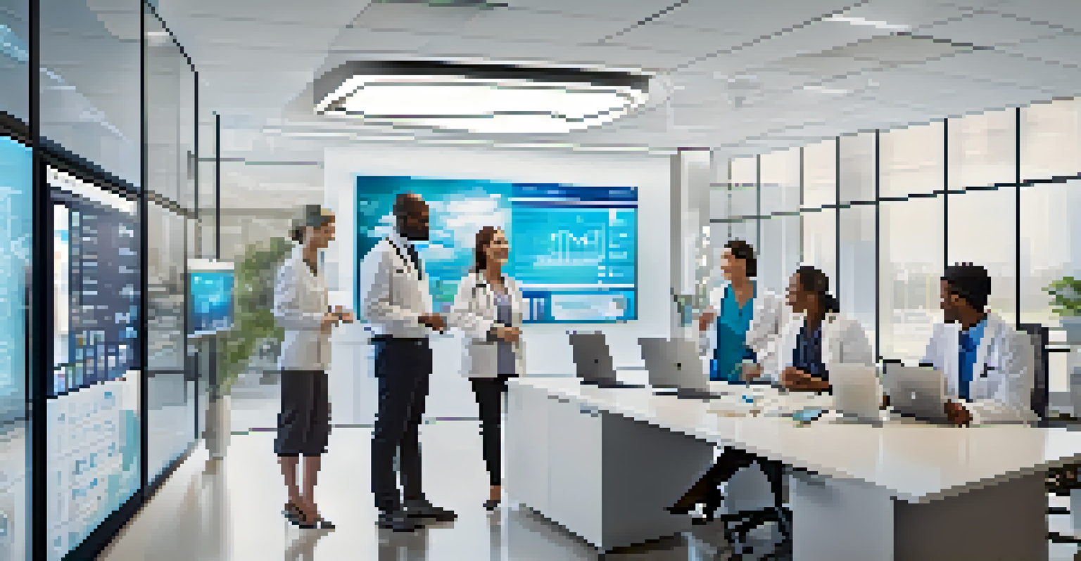 A diverse group of healthcare professionals working together around a digital screen showing a cloud-based electronic health record system in a modern office.